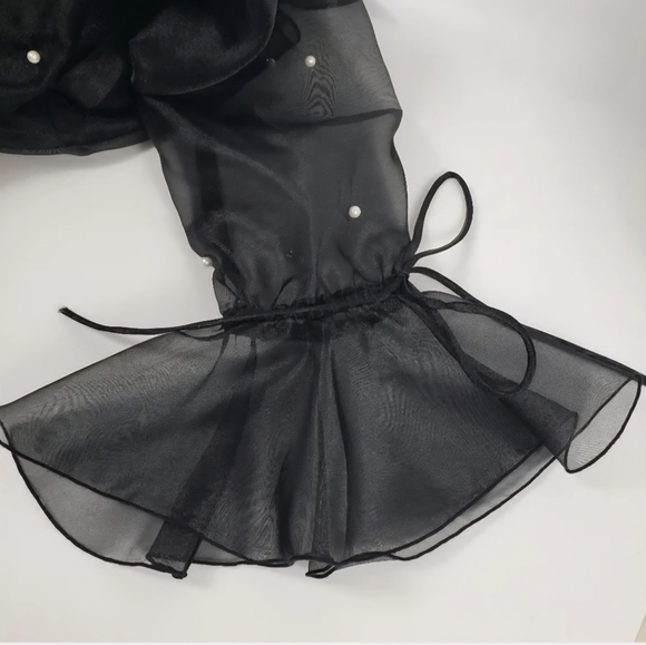 Joseph Ribkoff Black Sheer Organza Blouse Faux Pearls Bell Sleeve Tie Waist NWT4 - Picture 5 of 13